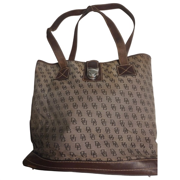 Dooney & Bourke Handbags - Dooney & Bourke Signature Monogram Canvas Tote Brown Leather Trim Vintage Y2K
